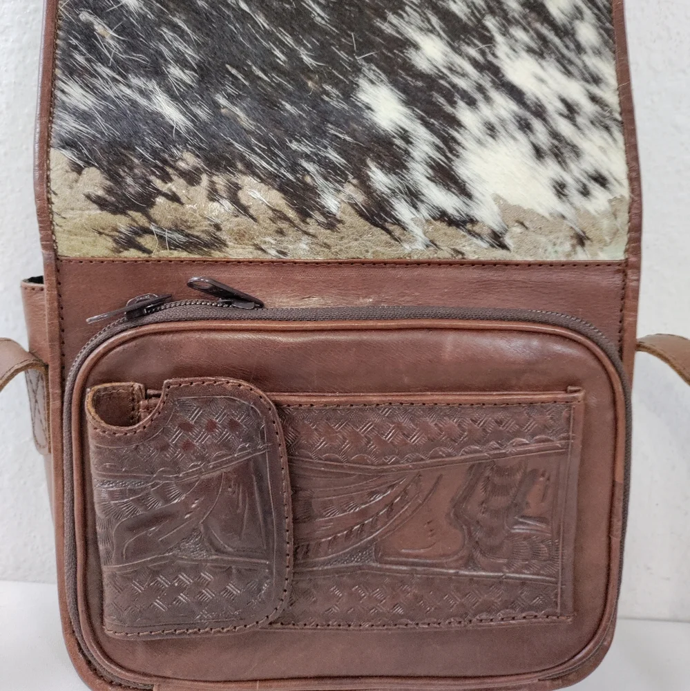 Leaders In Leather Vntg Tooled Leather Pony Hair Flap Messenger Crossbody Bag